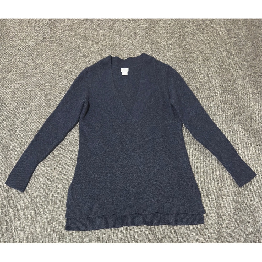 Chico's Women Small V-Neck Sweater Navy Blue Chevron Knit Side Slit